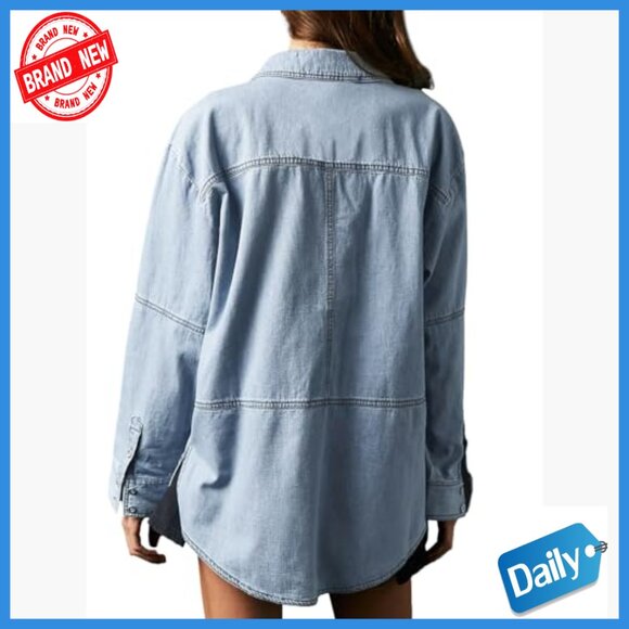 Denim Pullover Blouse Loose Fit Long Sleeve V Neck Button Front Pocket - Picture 2 of 7